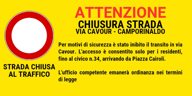 Ordinanza n. 4/2024 - Chiusura Via Cavour (Camporinaldo)